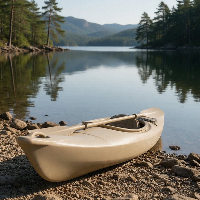 A kayak pulled up on a lake shore at first light.