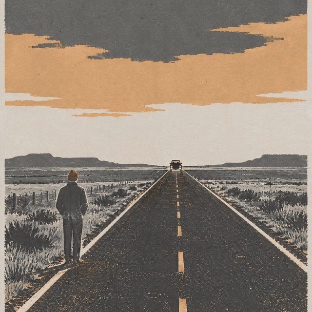A drawing of an open road running to the hills, in graphite and brass.